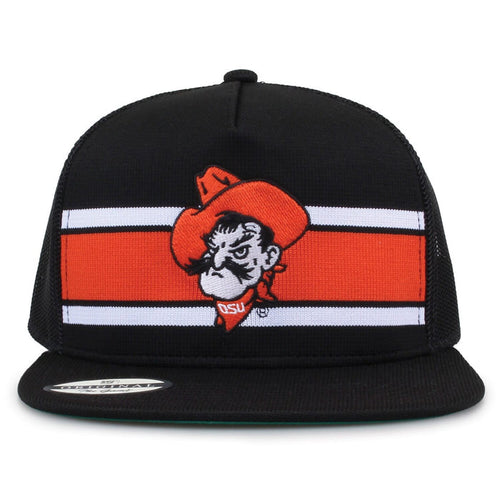 Oklahoma State University Class of '92 trucker hat, front view with embroidered logo and stripes
