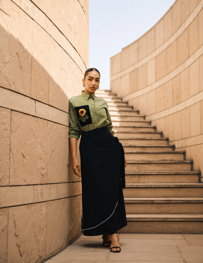Olive Sunflower Embroidered Shirt crafted in premium cotton, featuring bold sunflower embroidery and a relaxed silhouette for effortless contemporary elegance.