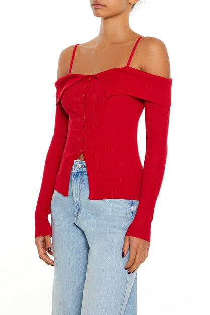 Open-Shoulder Sweater-Knit Top