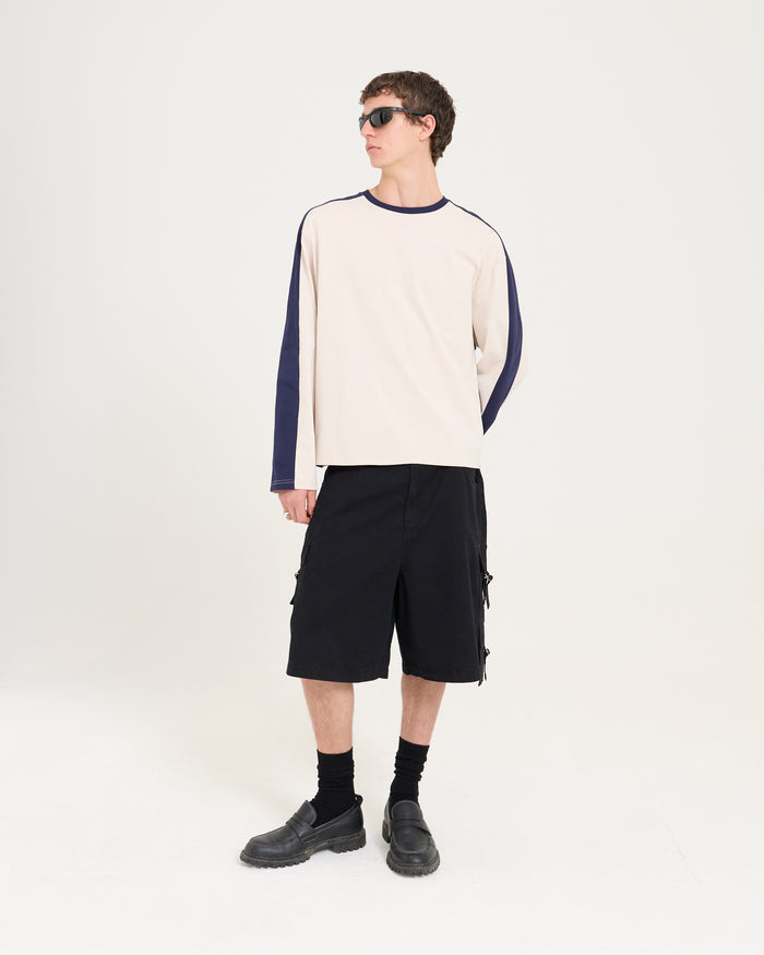 Panelled LS Crop Tee - Sand/Navy