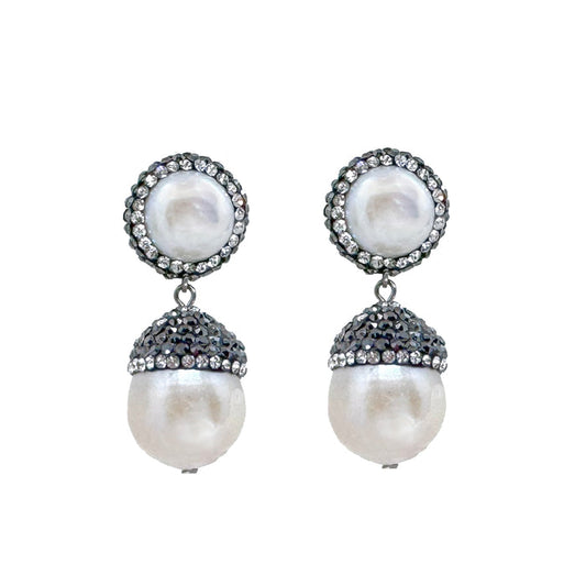 Pearl Drop Earrings with Hematite accents-Theia Jewelry-Swag Designer Jewelry