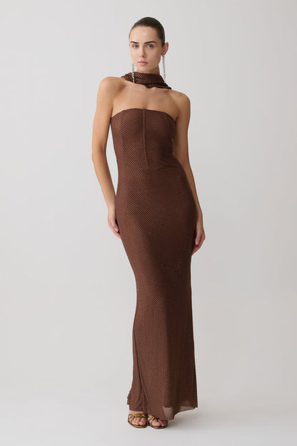 Phi Multi-Wear Cowl Diamante Maxi Dress - Chocolate
