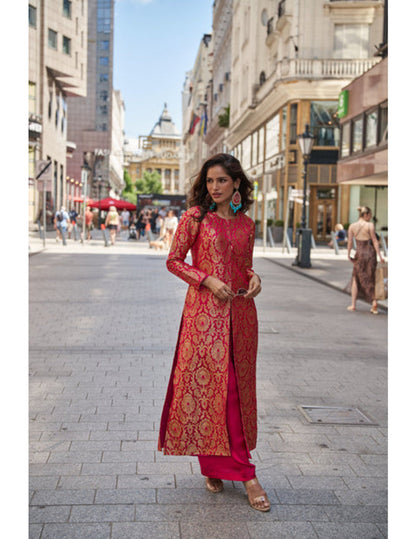 Pink brocade evening wear jacket set for women