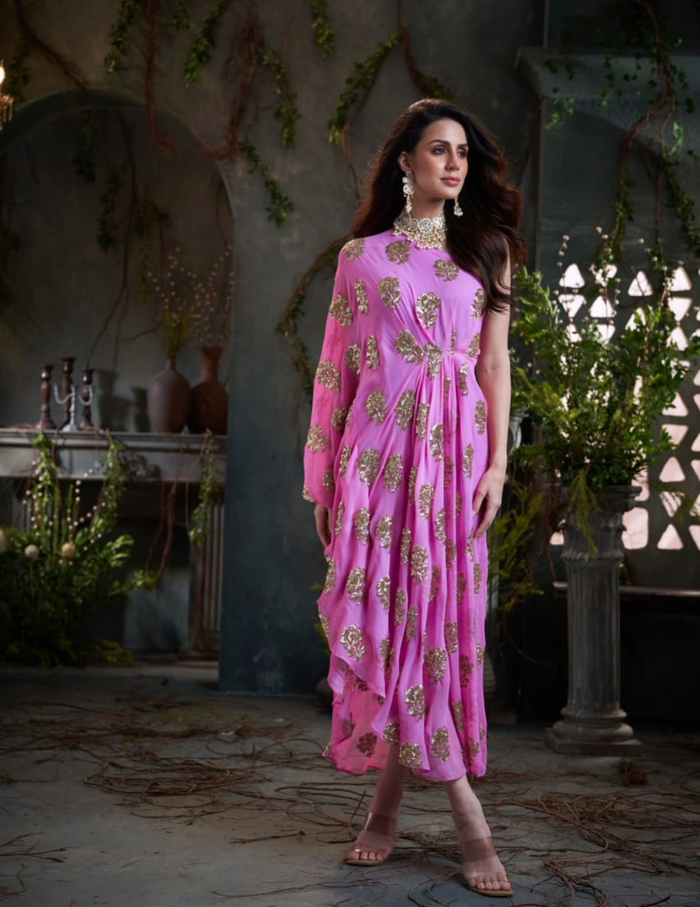 Pink one shoulder embroidered georgette midi dress by Arab Crab designer