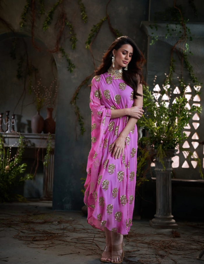 Pink one shoulder embroidered georgette midi dress by Arab Crab designer