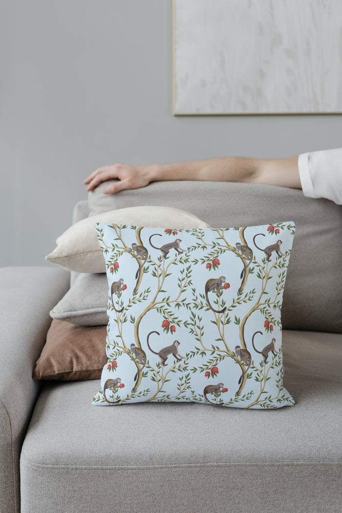 Playful Pomegranate Monkeys Outdoor Pillows Light Blue