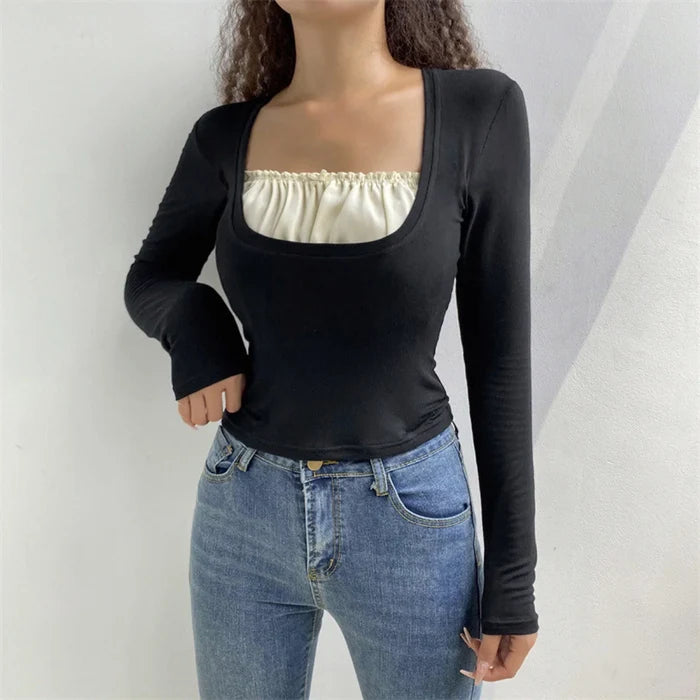 PUFFIE - LONG SLEEVE MOCK TWO PIECE SQUARE-NECK TOP