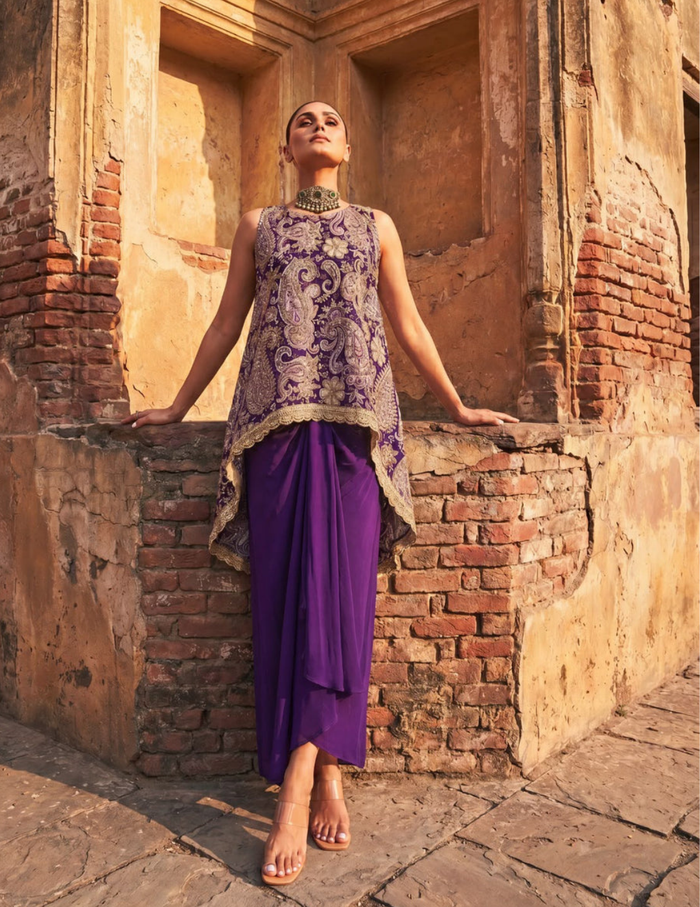 Purple High-Low Top & Pleated Skirt Set