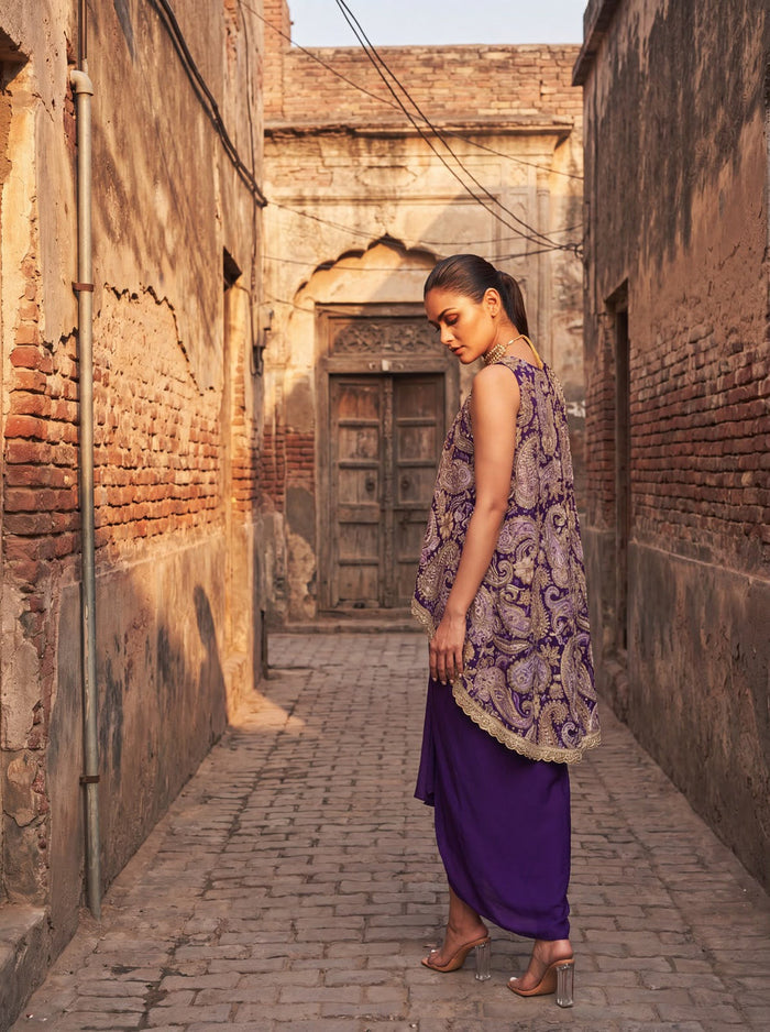 Purple High-Low Top Pleated Skirt Set Singapore