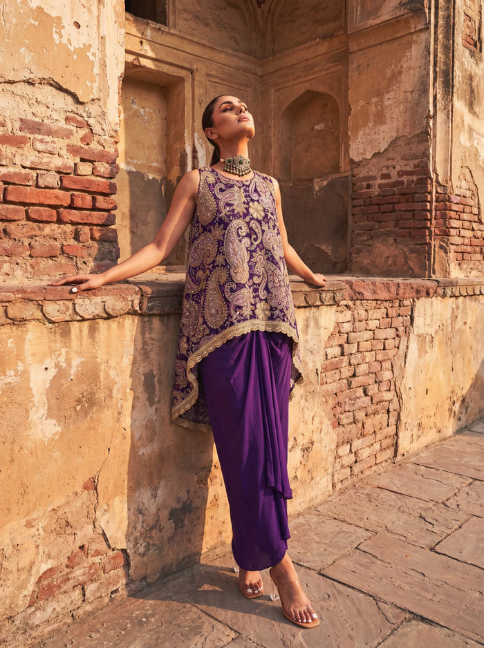 Designer purple high-low top and pleated