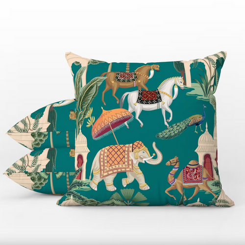 Rajasthan Outdoor Pillows Chinoiserie Elephant Horses Teal Green