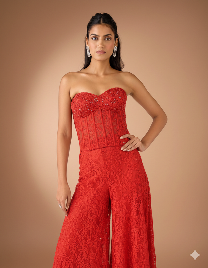 Red Chantilly Net Sharara Set