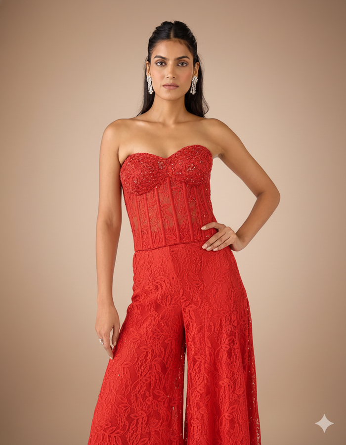 Red Chantilly Net Sharara Set