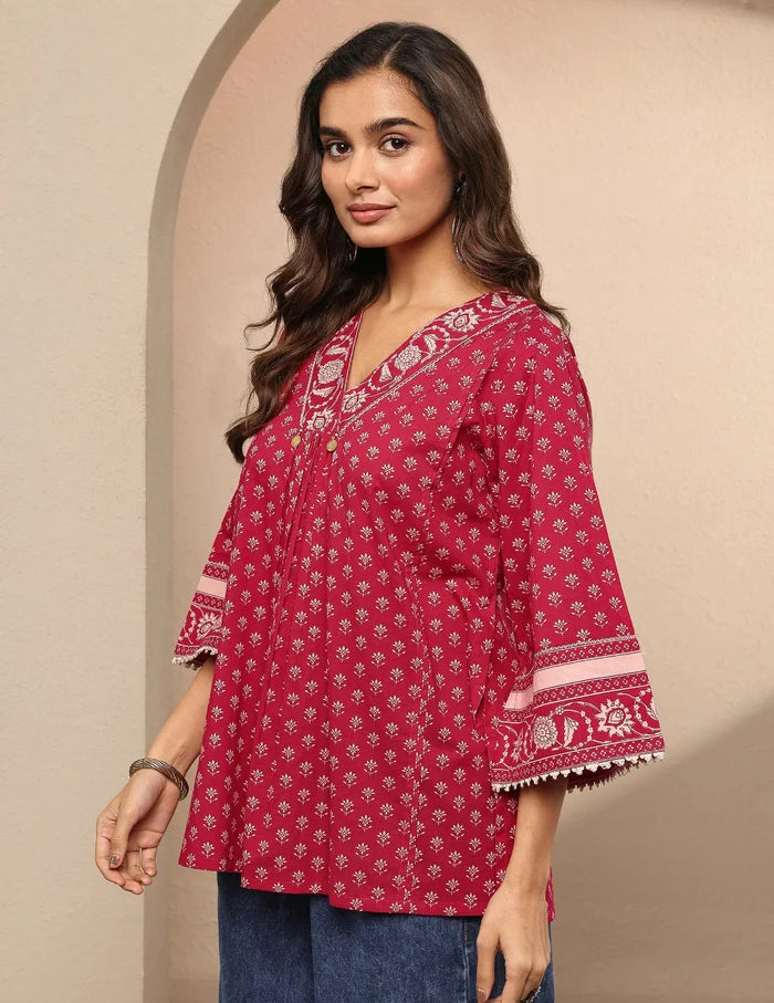 Red Printed Cotton A-Line Short Kurti