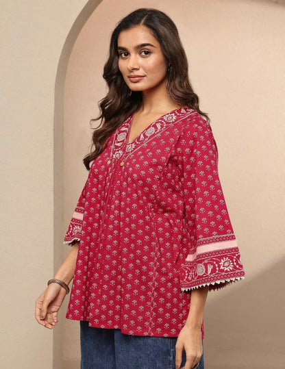 Red Printed Cotton A-Line Short Kurti
