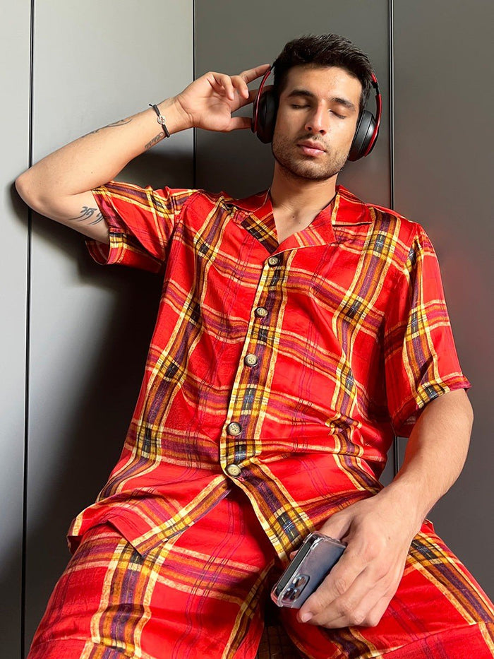 Robert Men's Red Satin Silk Co-ord Set