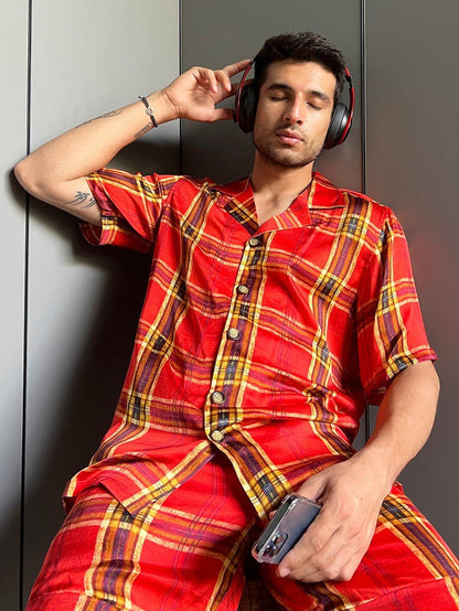 Robert Men's Red Satin Silk Co-ord Set