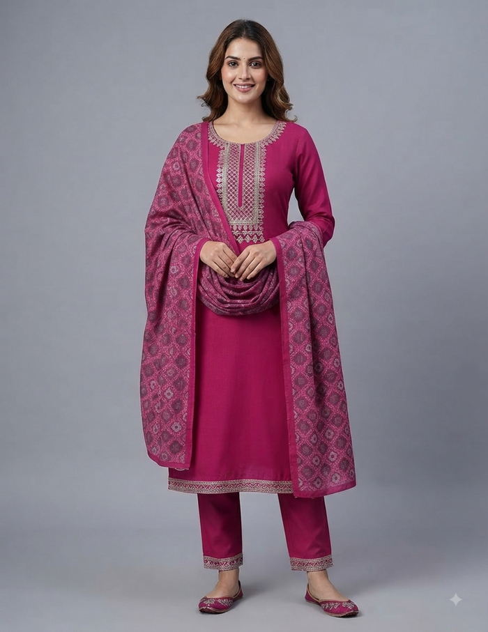 Model wearing an elegant rose pink solid silk straight kurta suit set with intricate traditional embroidery on the neckline, paired with matching pants and a detailed dupatta.