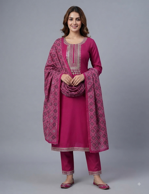Model wearing an elegant rose pink solid silk straight kurta suit set with intricate traditional embroidery on the neckline, paired with matching pants and a detailed dupatta.