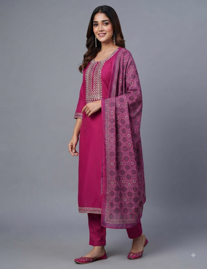 Model wearing an elegant rose pink solid silk straight kurta suit set with intricate traditional embroidery on the neckline, paired with matching pants and a detailed dupatta.