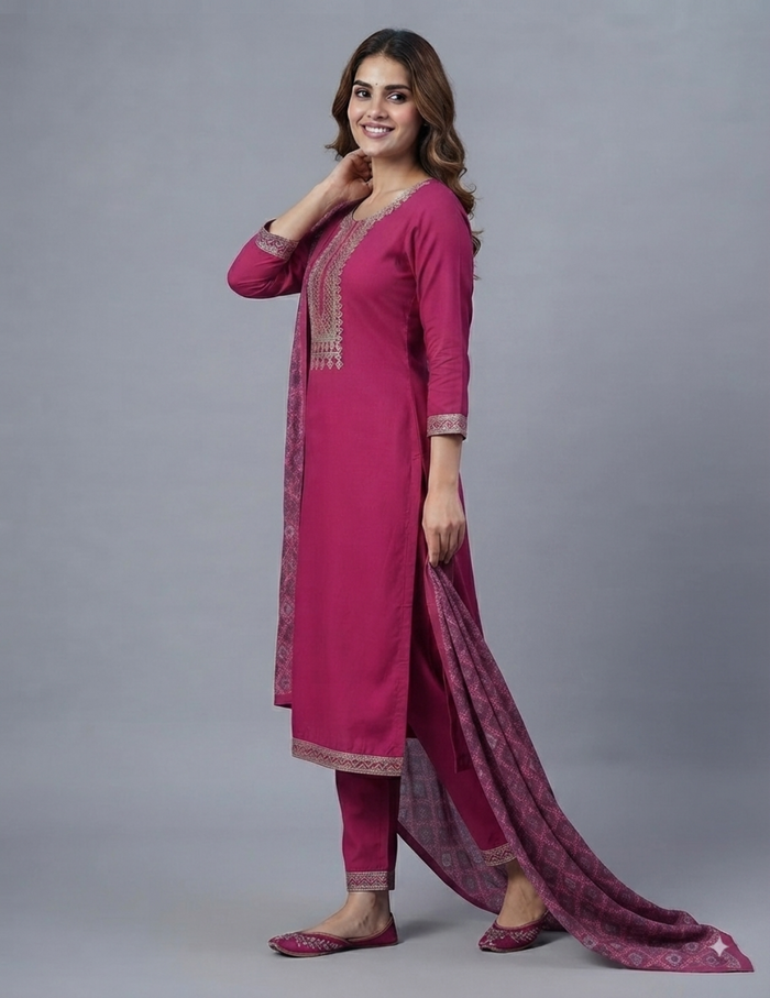 Model wearing an elegant rose pink solid silk straight kurta suit set with intricate traditional embroidery on the neckline, paired with matching pants and a detailed dupatta.