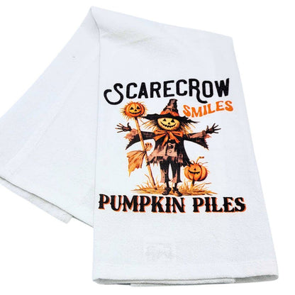 Scarecrow Smiles Pumpkin Piles Flour Sack Towel-Lange General Store