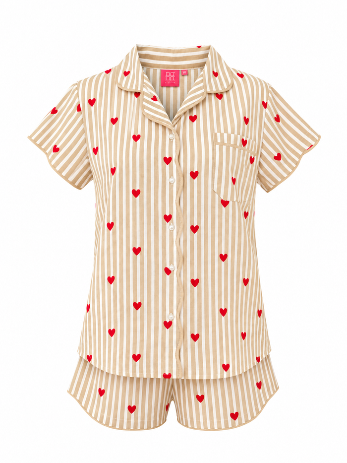 Short Pajama Set Beige Hearts