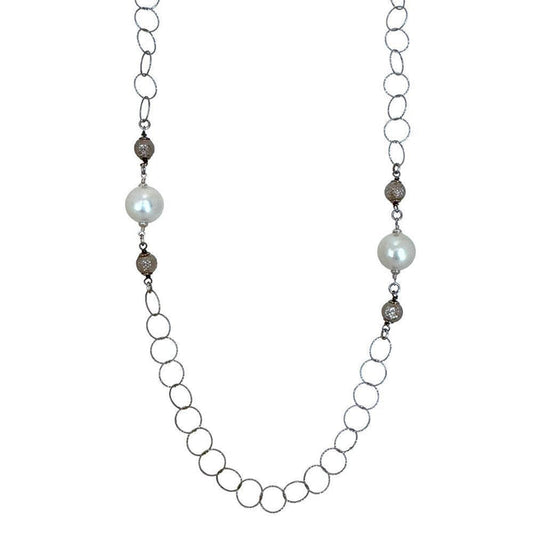 Silver Link Chain with Stationed Pearls-Majorica Pearls-Swag Designer Jewelry