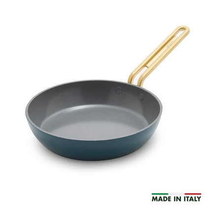 Venetian teal ceramic nonstick 8-inch frypan with gold handle on white background, Made in Italy text at lower right.