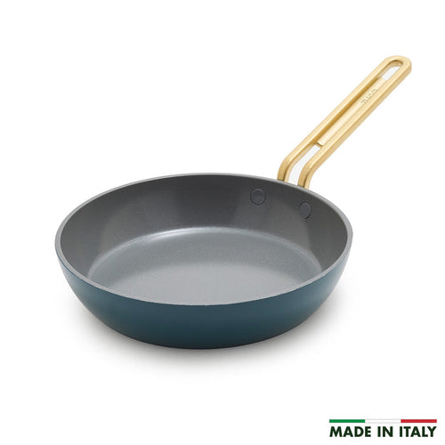Venetian teal ceramic nonstick 8-inch frypan with gold handle on white background, Made in Italy text at lower right.
