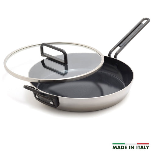12-inch stainless steel frypan with ceramic nonstick surface, black handle, and matching lid.