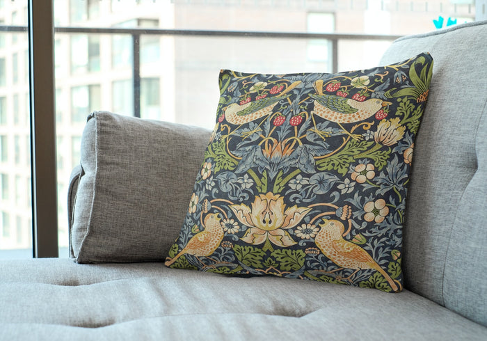 Strawberry Thief Cotton Throw Pillows William Morris Indigo Blue