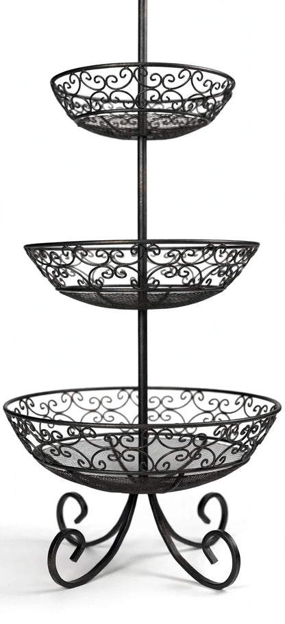 Close-up of the black three-tier basket showing decorative scrollwork, mesh basket bases and curved feet.