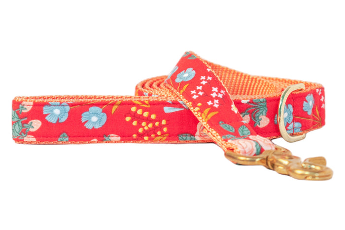 Bright and blooming, this floral dog leash features a fiery red background with scattered wildflowers in colors, complemented by nylon lining and polished clip.
