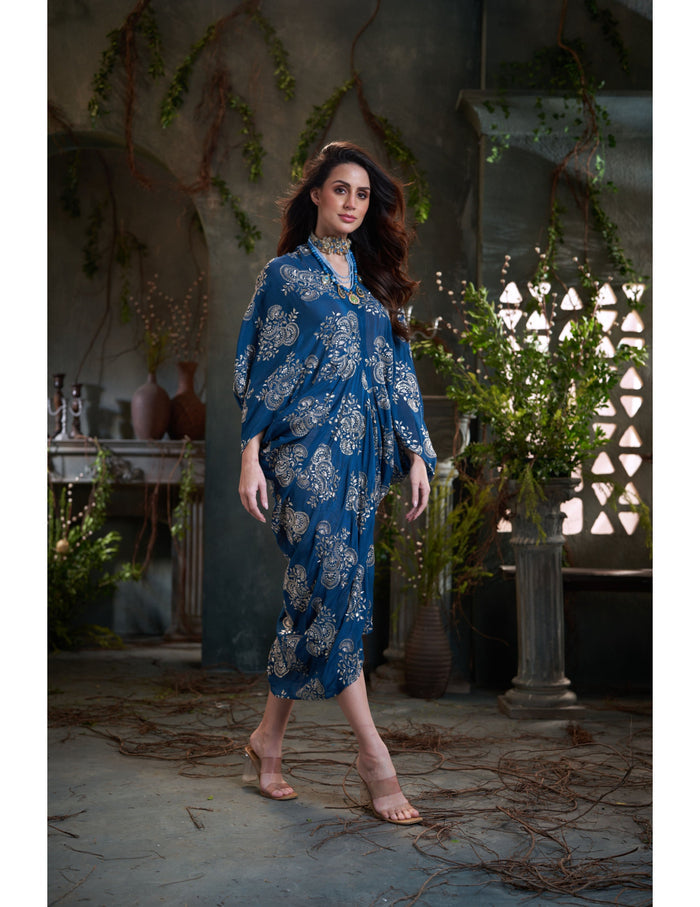 Teal chinon embroidered midi dress for evening wear in Singapore by Studio J