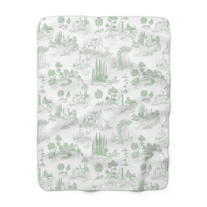 Toile de Jouy Sage Green Fleece Lined Blanket