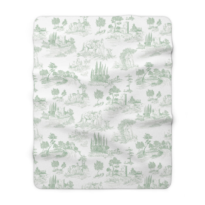Toile de Jouy Sage Green Fleece Lined Blanket