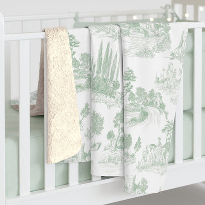 Toile de Jouy Sage Green Fleece Lined Blanket