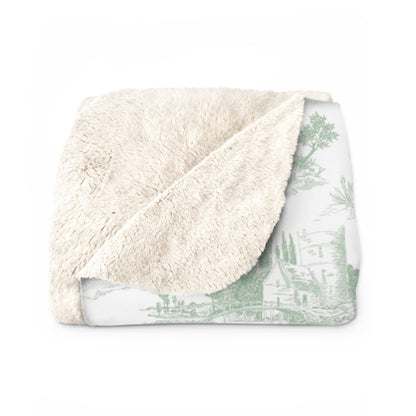 Toile de Jouy Sage Green Fleece Lined Blanket