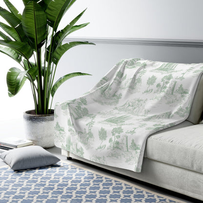 Toile de Jouy Sage Green Fleece Lined Blanket