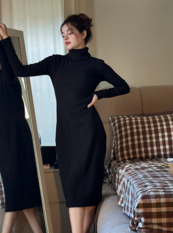 TURTLENECK RIBBED KNIT BODYCON DRESS