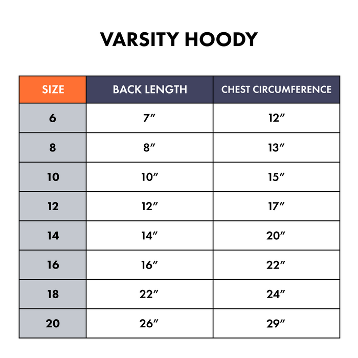 Size chart for Varsity Hoody with back length and chest circumference measurements.
