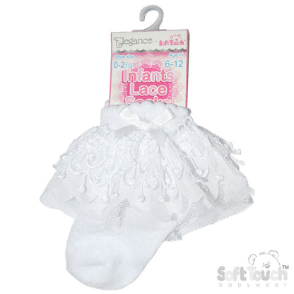 WHITE ANKLE SOCKS W/BELL LACE & BOW (0-24 Months) S344-W