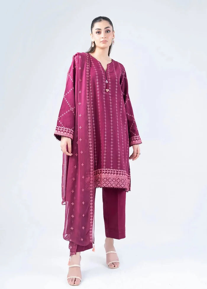 Maroon 3-piece winter suit: embroidered kurta, matching pants, sheer dupatta