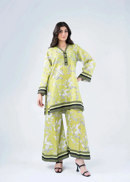 Women’s winter co-ord set in lime green, printed kurta and wide-leg pants, front view