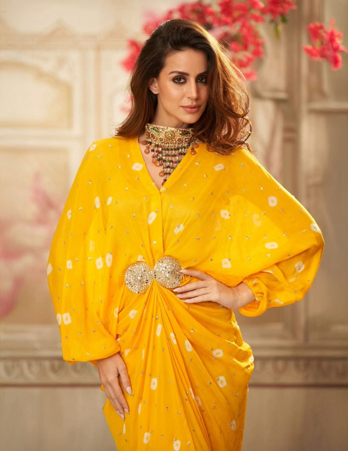 Yellow chinon pleated embroidered midi dress by Arab Crab designer Singapore