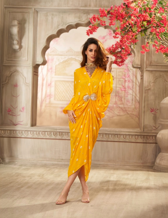 Yellow chinon pleated embroidered midi dress by Arab Crab designer Singapore